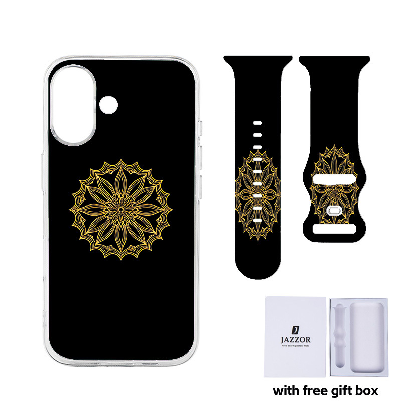 Chic Golden Patterns Unisex Silicone Watch Set, Gift Box